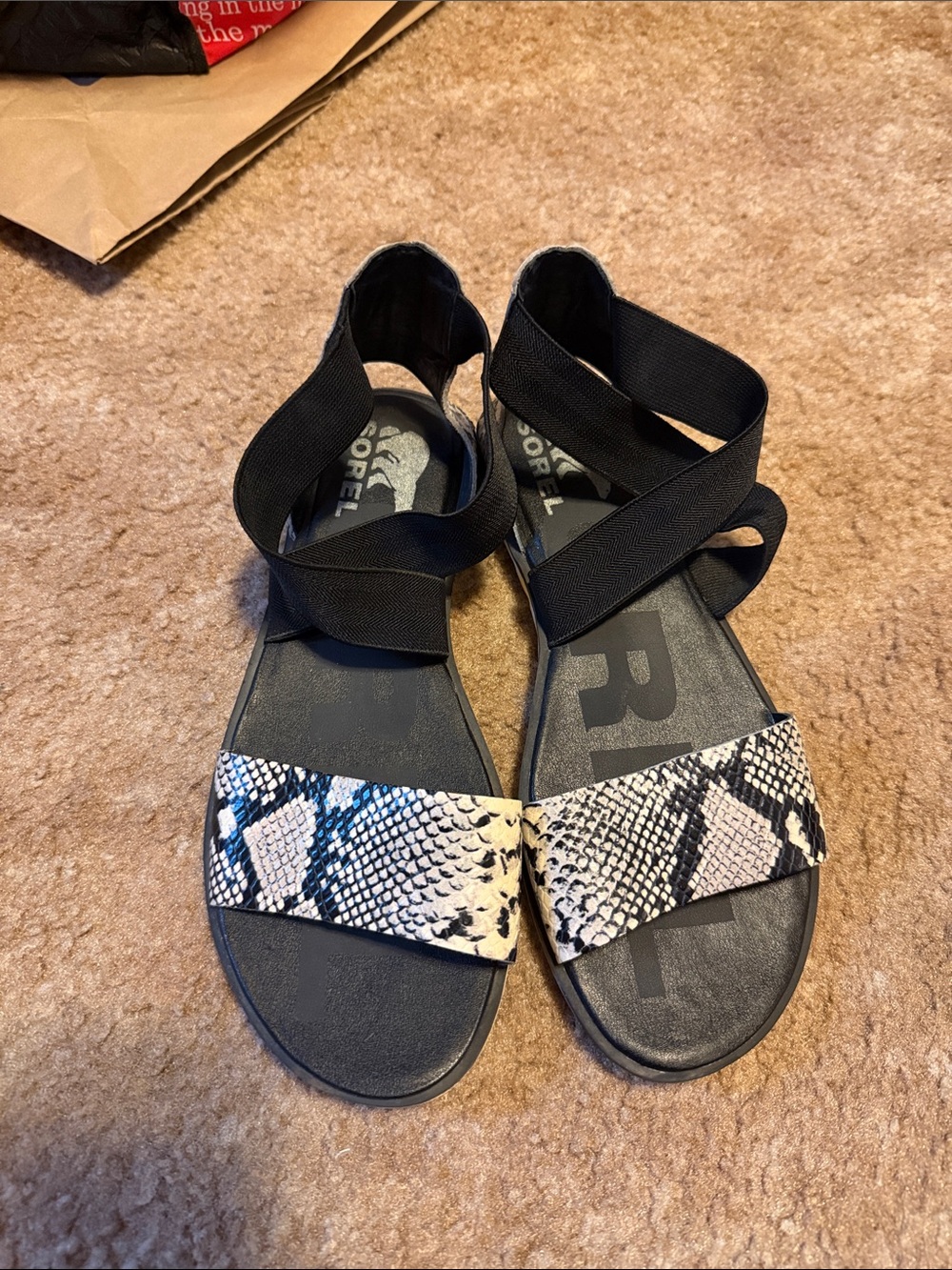 Sorel Black Sandals with Snake-Print Front Strap